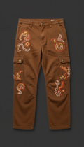 Tobacco brown cargo pants with embroidered details