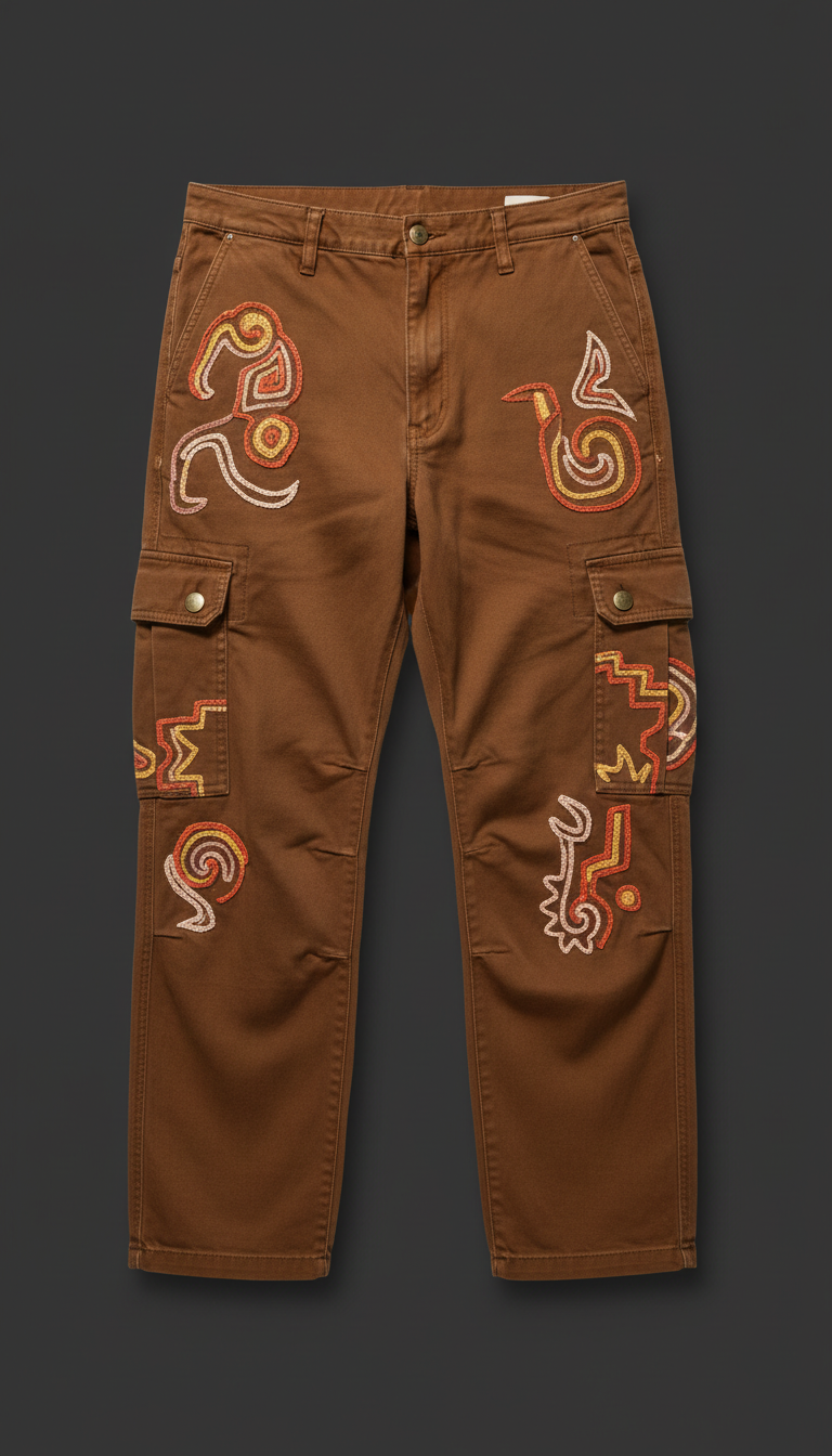 Tobacco brown cargo pants with embroidered details