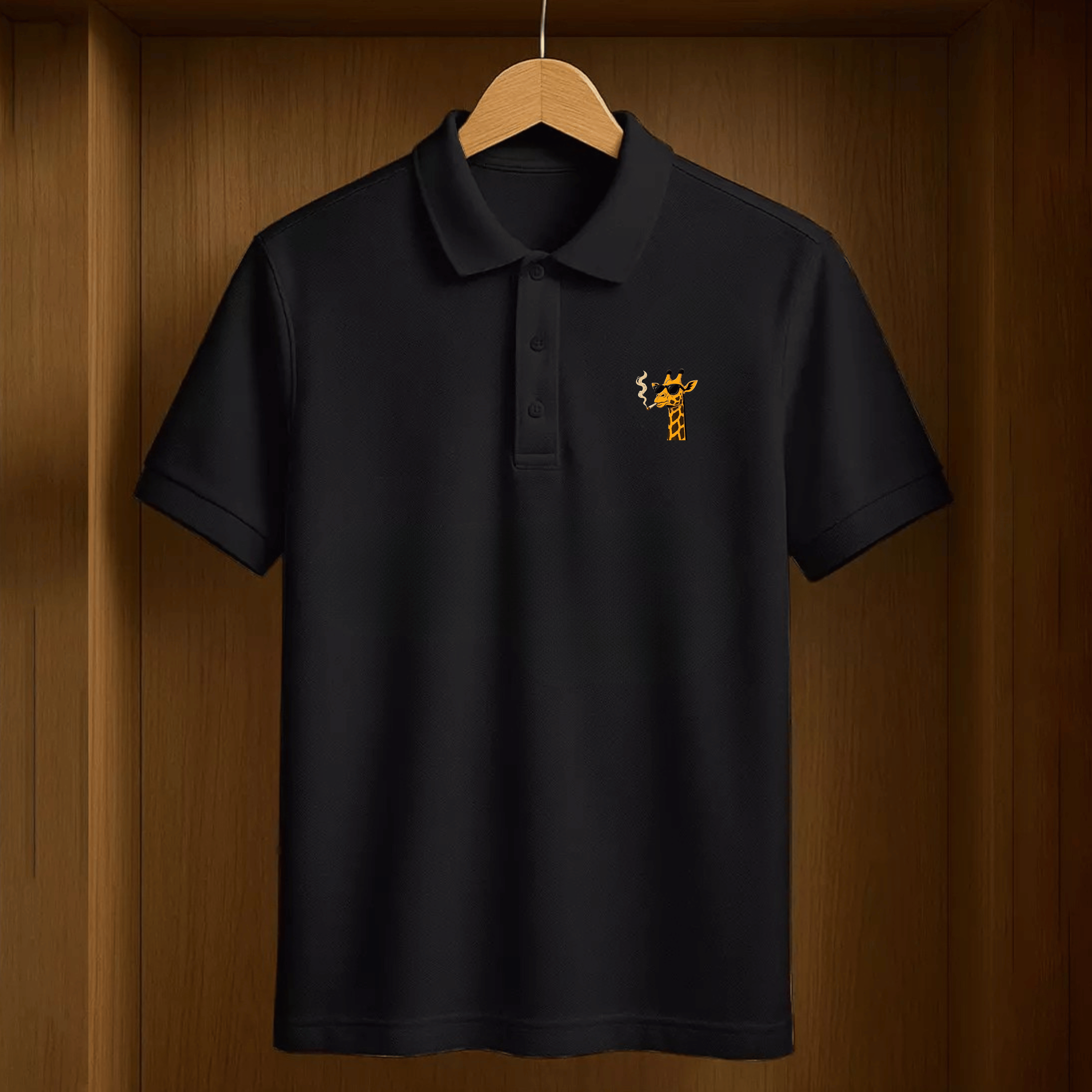 3Puff Smoking Giraffe Embroidered Polo T-Shirt – Black Cotton Polo for Men